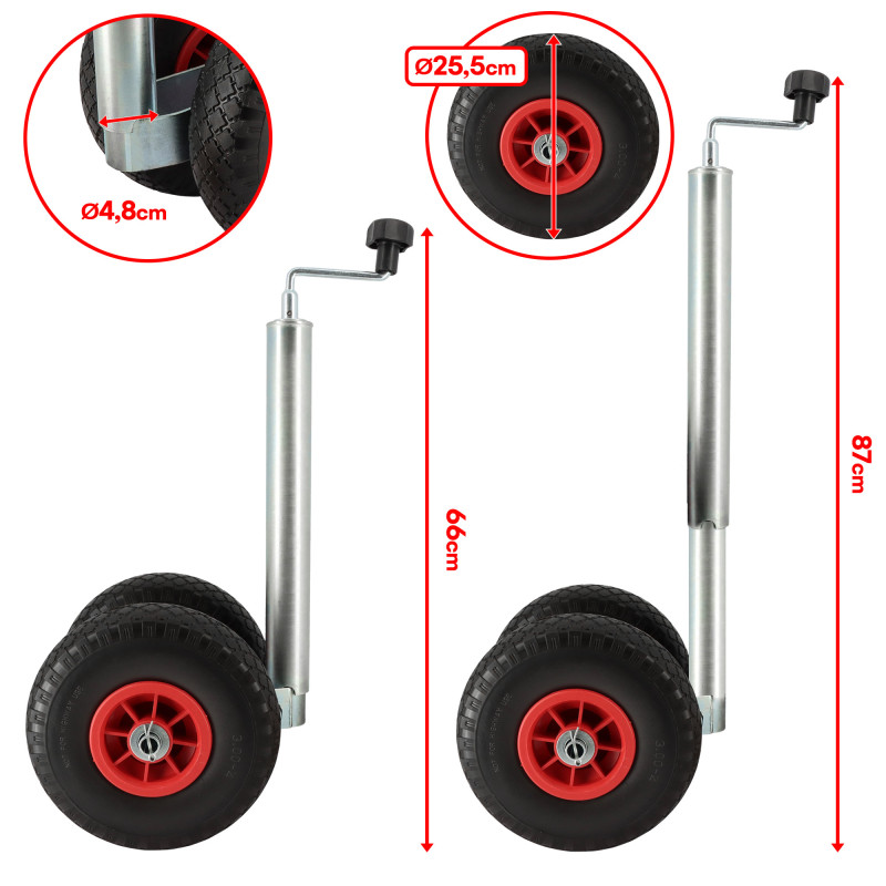 Roue Jockey double - Tube métal 48mm - Pneus increvable 260x85mm  - Pour caravane et remorque
