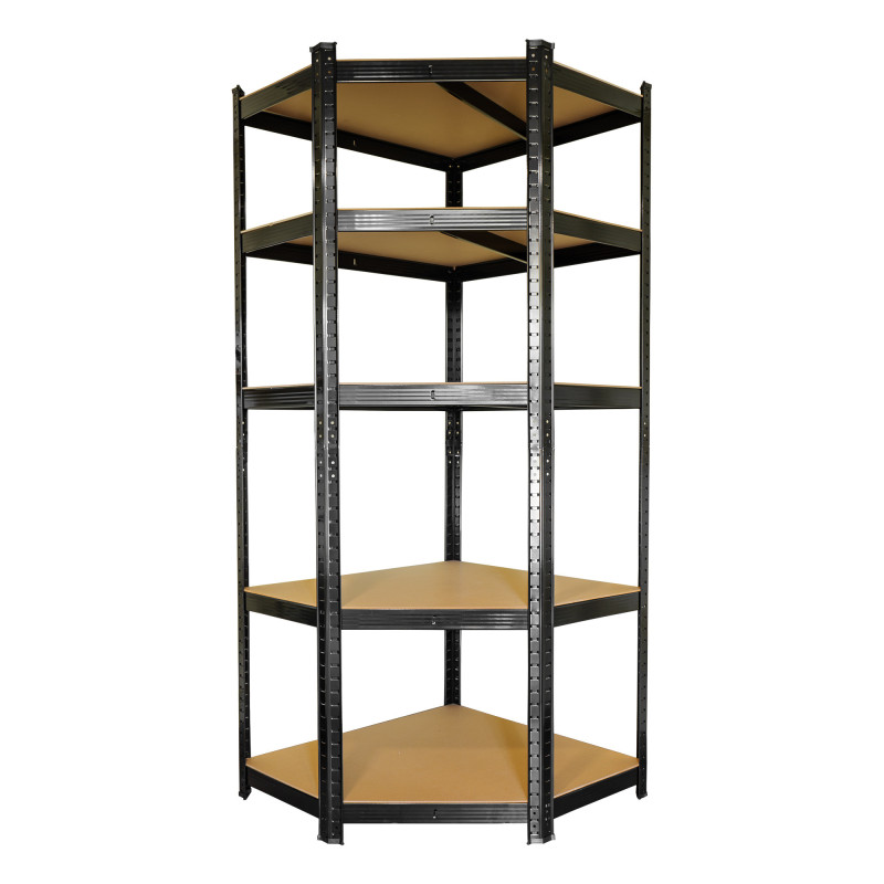 Étagère d'angle noire charges lourdes - en métal 5 plateaux - 875 Kg - 180x75x40cm - Étagère de coin - Garage atelier cave