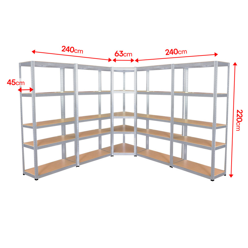 5 étagères XXL spécial angle pour grand garage - Hauteur 2m20 - Étagères de coin charges très lourdes -1325 kg - Montage facile