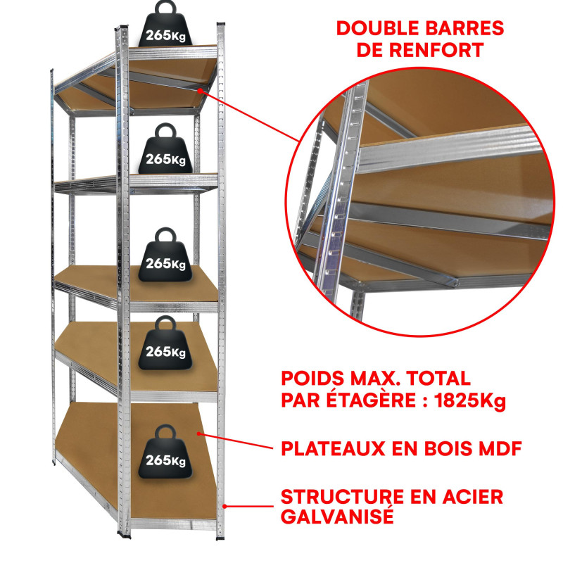 5 étagères XXL spécial angle pour grand garage - Hauteur 2m20 - Étagères de coin charges très lourdes -1325 kg - Montage facile