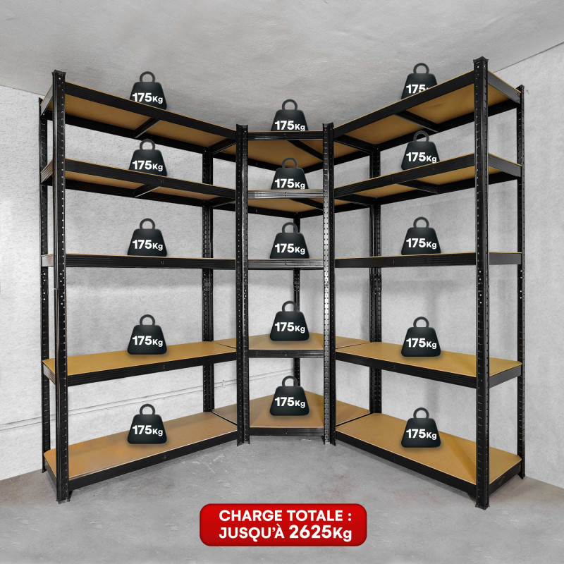 3 étagères spécial angle garage noire - Set étagères de coin charges lourdes - 875 kg - Montage facile par clip et croisillons