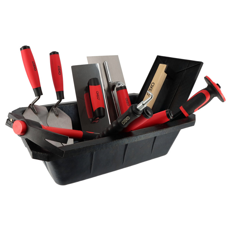 Kit 11 outils maçonnerie - 4 truelles - Taloche - platoir - Auge 10L - Fer à bordure - Torsadeuse fil de fer - Marteau - Burin