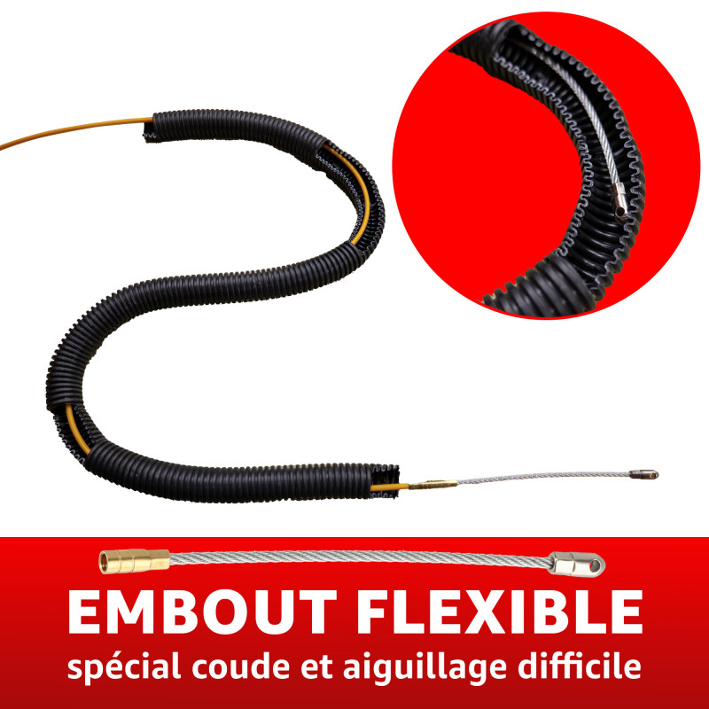 Aiguille tire fil 4mm sur dévidoir plastique - longueur 25m - Tire câble électricien - Fibre de verre 4mm - 3 embouts