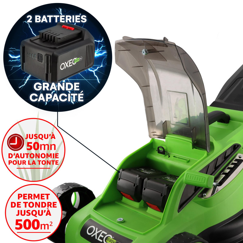 Tondeuse à gazon sans fil batterie 18V - Largeur 38cm Hauteur de coupe 25-65mm - Surface 500m² - 2 Batteries grande capacité 4Ah