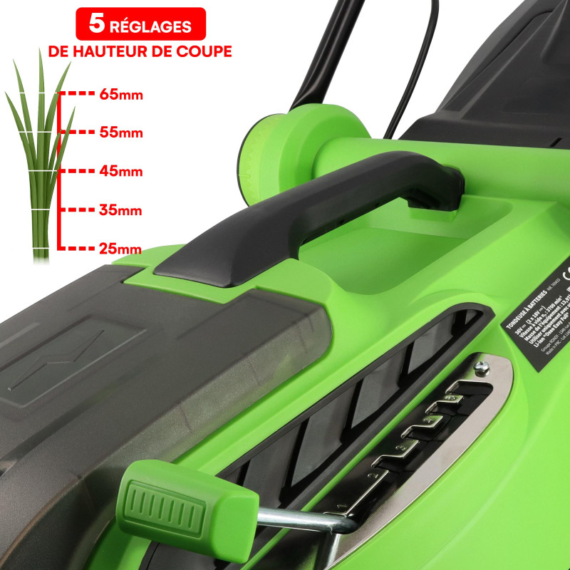 Tondeuse à gazon sans fil batterie 18V - Largeur 38cm Hauteur de coupe 25-65mm - Surface 500m² - 2 Batteries grande capacité 4Ah