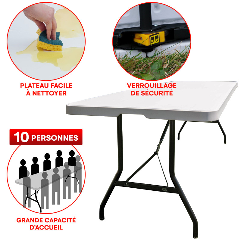 Table pliante jardin Multifonction - Longueur 244 cm - Grande capacité - 10 places - Pique-nique - salle des fêtes - Poignée