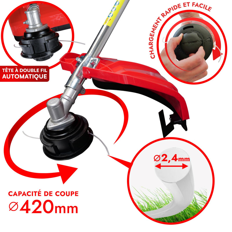Débroussailleuse thermique professionnelle 62 cm³ - 2 tps - 2en1 - Coupe-bordure - Tête double fil - 2 lames - Anti-vibration