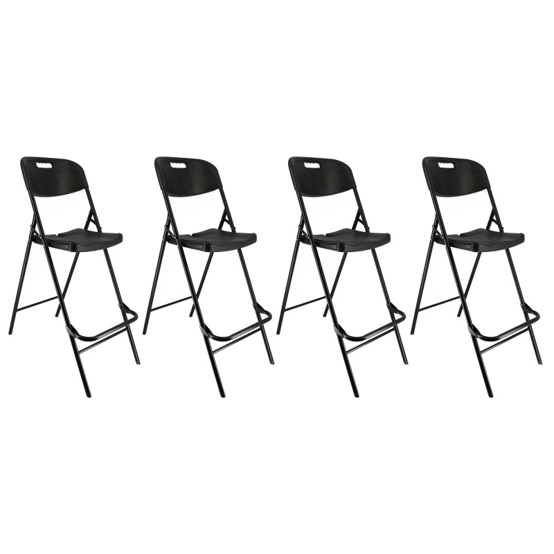 Lot de quatre chaises de bar pliantes noires - Ht 120cm - Chaises hautes pliantes - Cadre en acier - avec dossier et repose pied