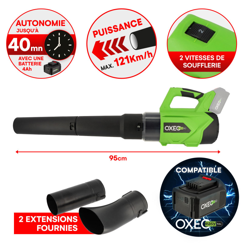 Souffleur à feuilles gros débit sans fil 18V - avec Batterie 4Ah et chargeur - 2 vitesses - Max 210 km/h - 2 embouts gros débit