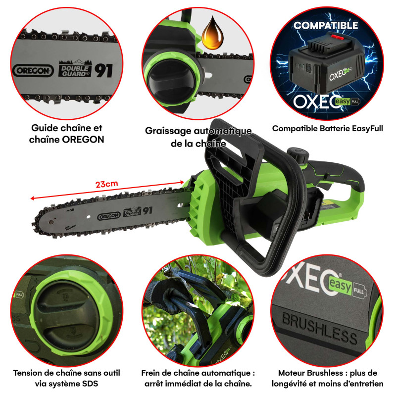 Tronçonneuse sans fil 18V - Longueur de coupe 23cm - Protection main - Etui de protection lame - Batterie 4Ah et chargeur rapide