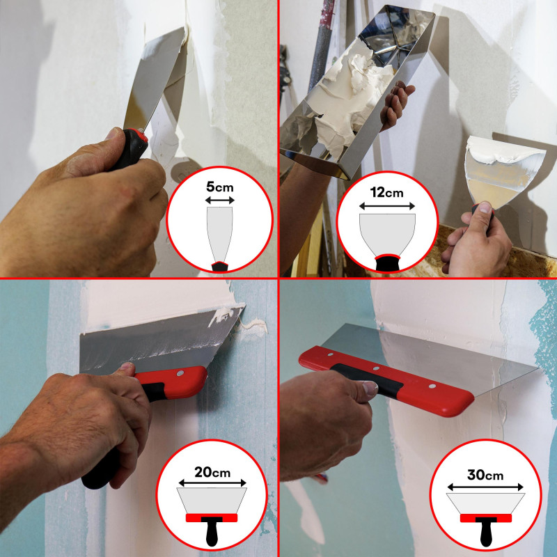 Kit outils plâtrier - 11 outils - Acier inoxydable - idéal bande à joint - Bac - Couteaux - Platoir - Spatules -Truelles d’angle