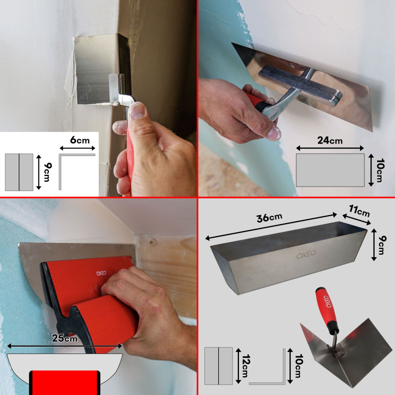 Kit outils plâtrier - 11 outils - Acier inoxydable - idéal bande à joint - Bac - Couteaux - Platoir - Spatules -Truelles d’angle