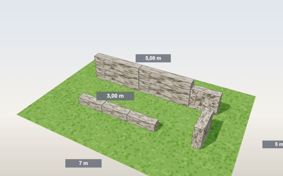 Muret de gabions empilés en 3D avec la longueur de chaque ensemble