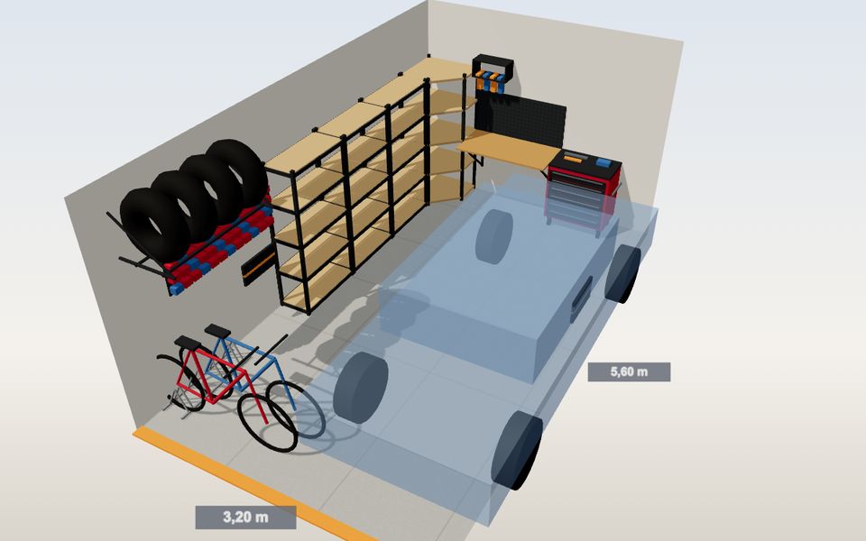 Garage aménagé en 3D avec étagères, établi, servante et vélos
