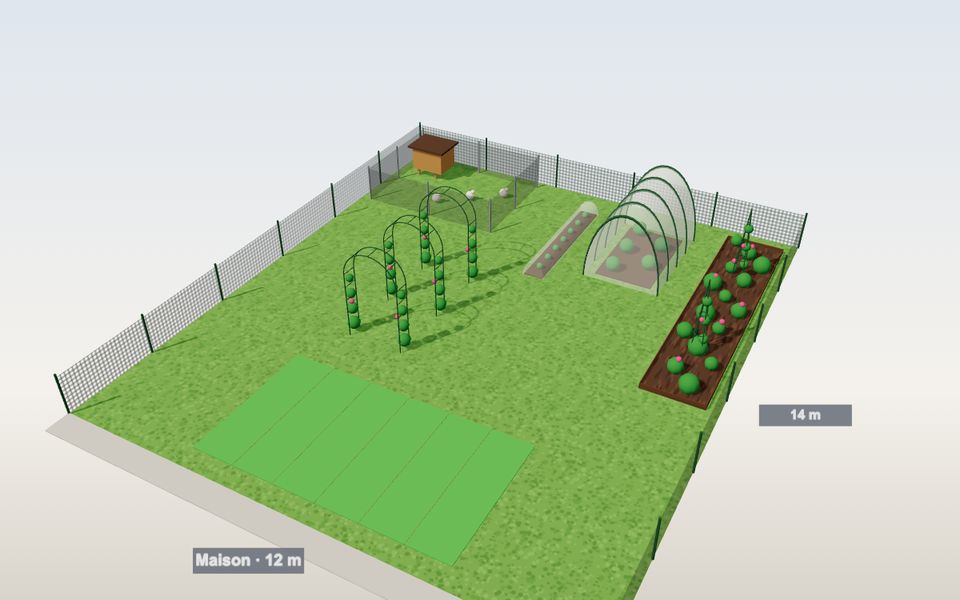 Jardin clôturé en 3D avec enclos à poules, massif, arches, serre et gazon synthétique