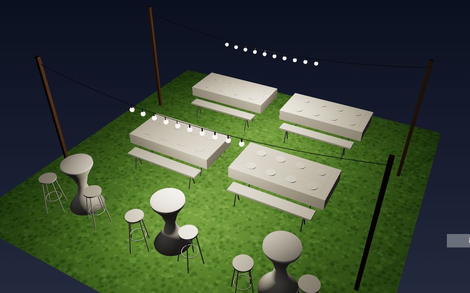 Réception en 3D de nuit avec tables et bancs, mange-debout et guirlandes guinguette